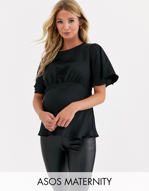 ASOS DESIGN Maternity top with flutter sleeve in satin
