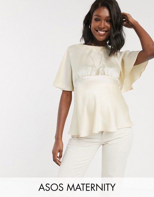 ASOS DESIGN Maternity top with flutter sleeve in satin