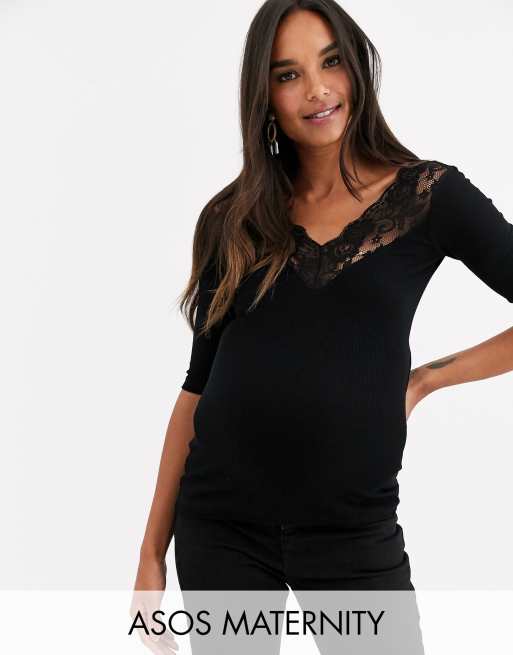 ASOS DESIGN Maternity top with lace bardot off shoulder in black ASOS