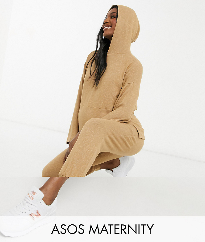 ASOS DESIGN Maternity tracksuit oversized hoodie / sweatpants in supersoft in camel-Neutral