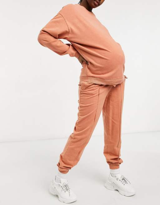ASOS DESIGN Maternity tracksuit sweat and pintuck front in acid wash in terracotta, 4 of 4
