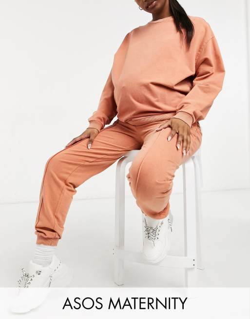 ASOS DESIGN Maternity tracksuit sweatshirt and pintuck front in acid wash  in terracotta