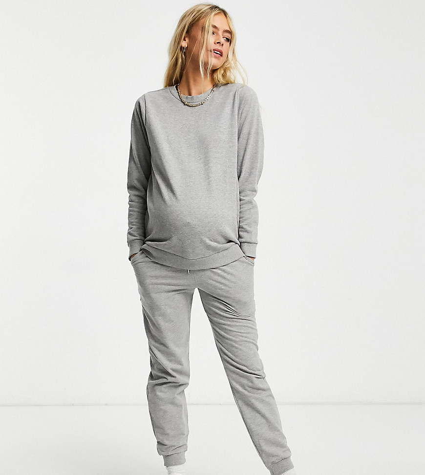 ASOS DESIGN Maternity tracksuit ultimate sweatshirt / sweatpants with tie in organic cotton in gray marl-Grey