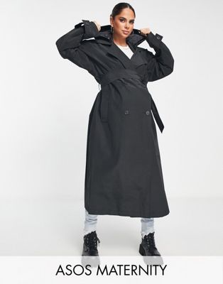 ASOS DESIGN Maternity trench coat with faux leather hood in black - ASOS Price Checker