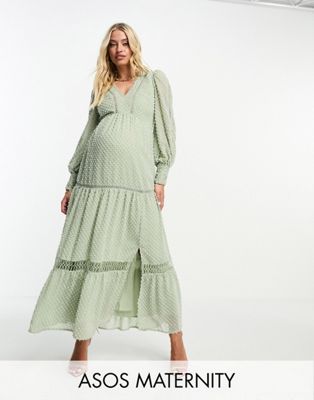 ASOS DESIGN Maternity tufted dobby lace insert maxi dress in light sage