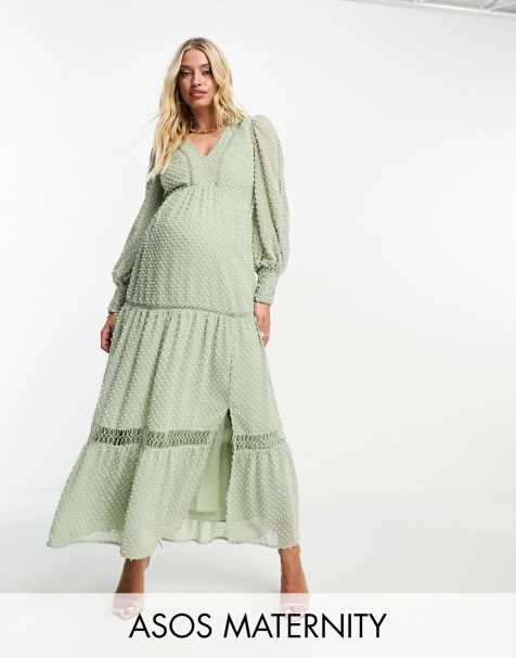 ASOS DESIGN Maternity tie front button through midi dress with floral  embroidery in forest green