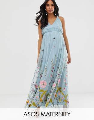 asos design tulle maxi dress with delicate floral embroidery and twist straps