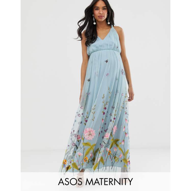 Asos design petite tulle maxi dress hot sale with delicate floral embroidery and twist straps