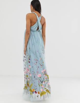 asos design tulle maxi dress with delicate floral embroidery and twist straps