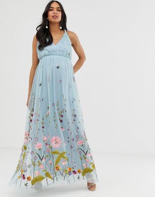asos design tulle maxi dress with delicate floral embroidery and twist straps