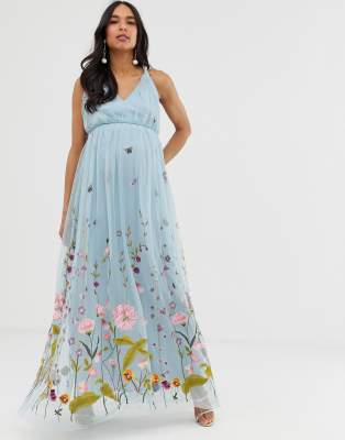 asos design petite tulle maxi dress with delicate floral embroidery and twist straps