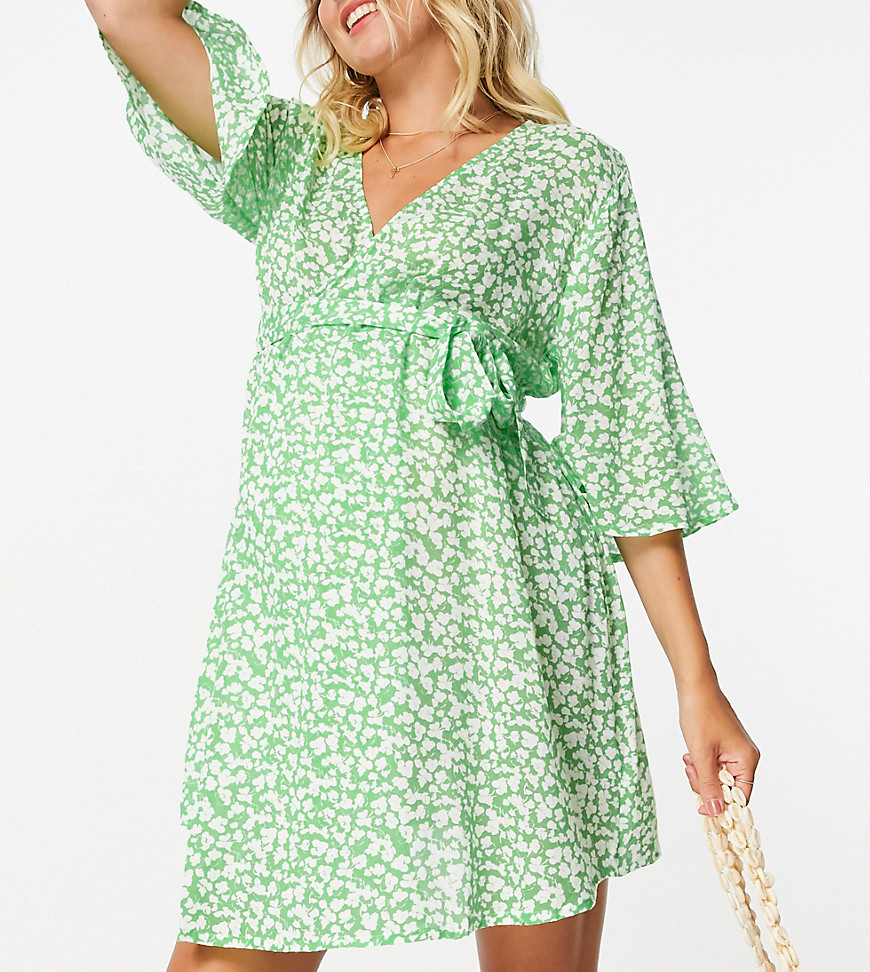 ASOS DESIGN Maternity - Tuniek met overslag, riem en fijne print in groen-Meerkleurig
