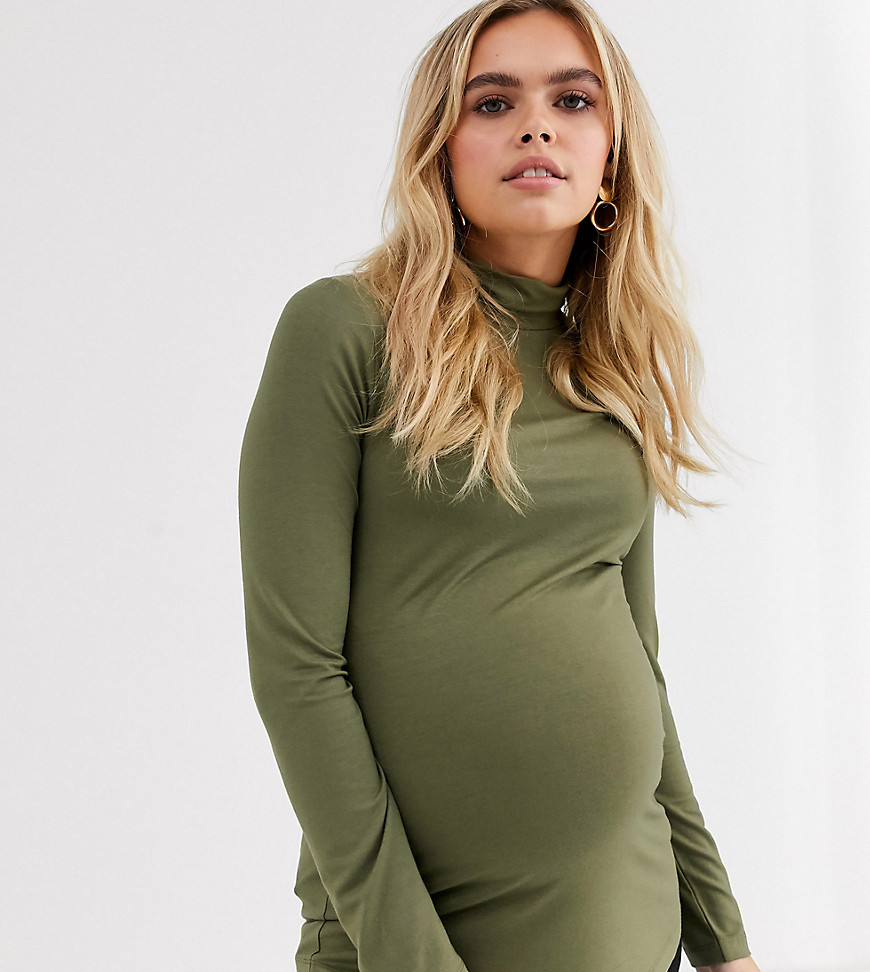 ASOS DESIGN Maternity turtle neck long sleeve top in khaki-Green