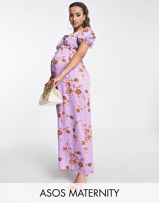 ASOS DESIGN - Maternity - Tuta jumpsuit da giorno in raso a fiori con maniche a sbuffo