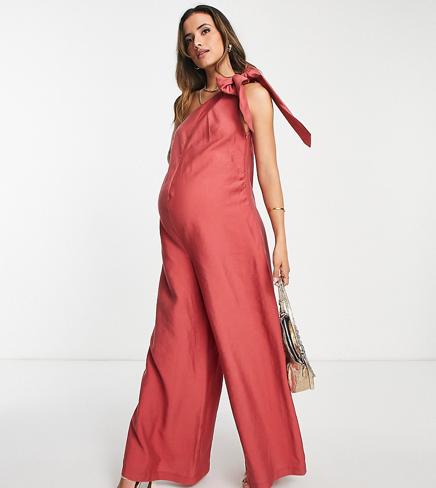 Asos Design Maternity - Tuta Jumpsuit Monospalla In Lino Rosso Mattone Con Allacciatura