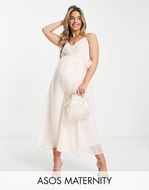 ASOS DESIGN Maternity - Tuta jumpsuit rosa pastello con spalline sottili e cintura in vita