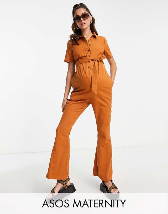 ASOS DESIGN Maternity twill 70s kick flare jumpsuit in brown