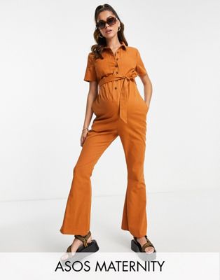 ASOS DESIGN Maternity twill 70s kickflare boilersuit in brown
