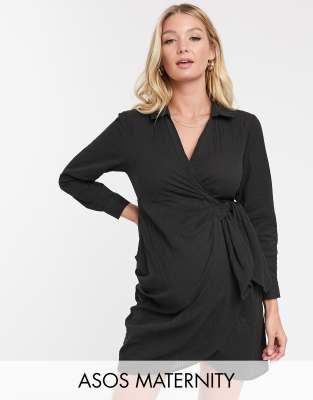 ASOS DESIGN Maternity twist collar wrap casual mini dress-Black