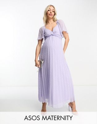 ASOS DESIGN Maternity twist front angel sleeve dobby midi dress in lilac