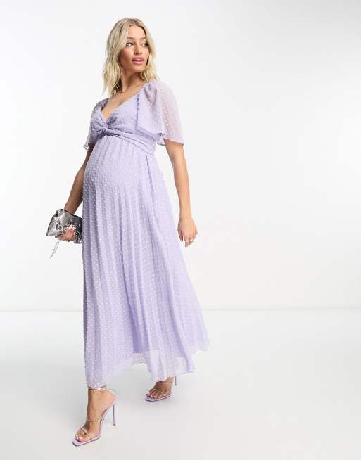 ASOS DESIGN Maternity twist front angel sleeve dobby midi dress in lilac