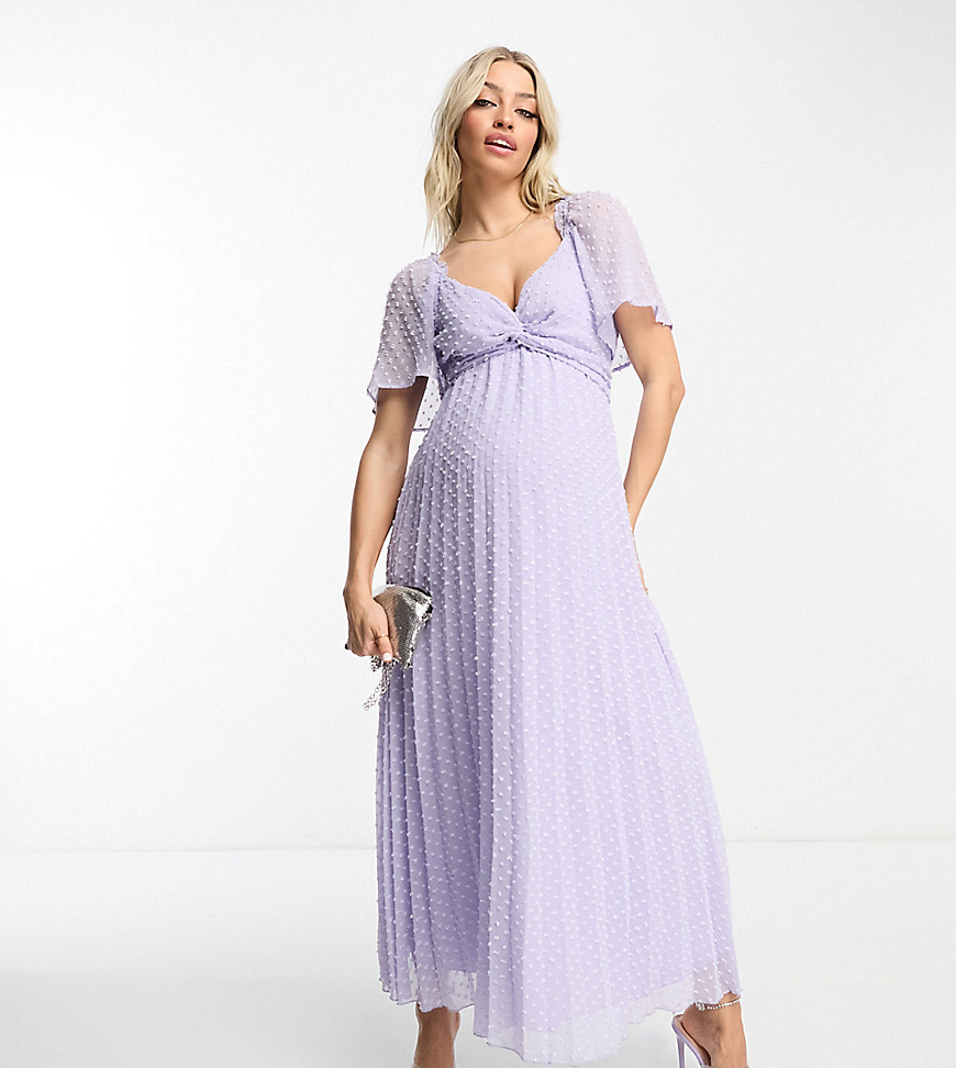 ASOS DESIGN Maternity twist front angel sleeve textured midi dress in lilac-Purple