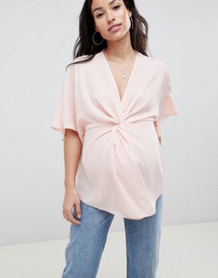 ASOS DESIGN Maternity twist front kimono sleeve top in blush-Pink