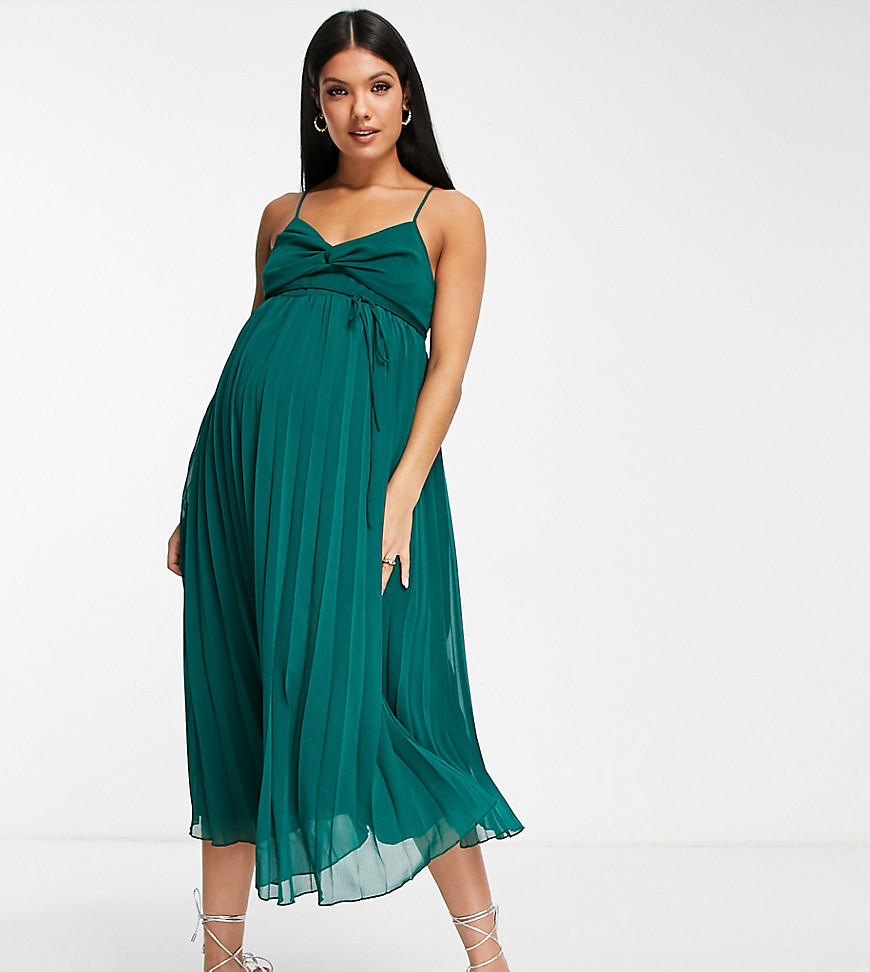 ASOS DESIGN Maternity twist front pleated cami midi dress with belt in forest green