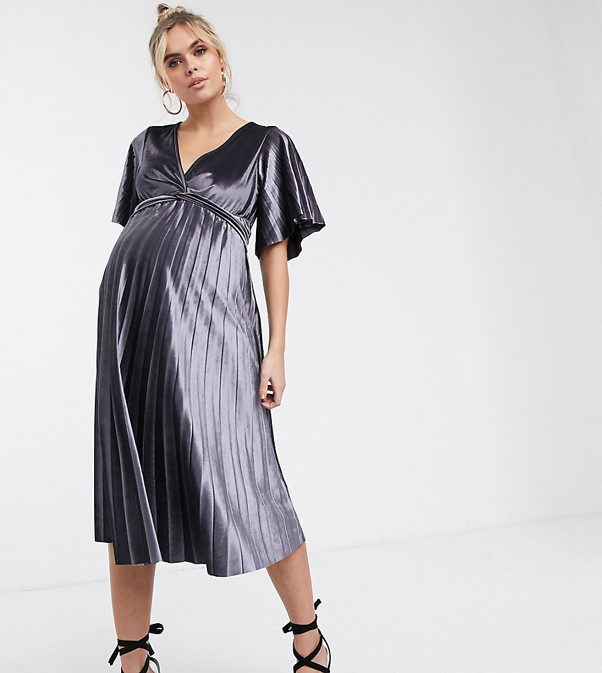 ASOS DESIGN Maternity twist front velvet midi dress-Silver