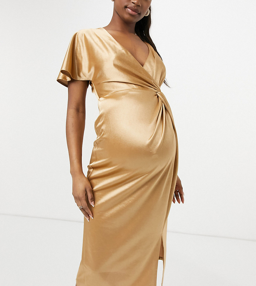 ASOS DESIGN Maternity twist one sleeve midi dress with thigh slit in gold