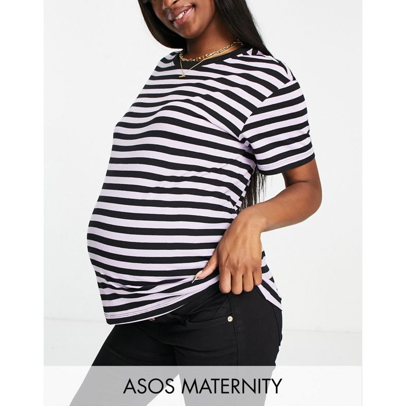 DESIGN Maternity – Ultimate – Kastenförmiges T-Shirt in Schwarz und Flieder gestreift