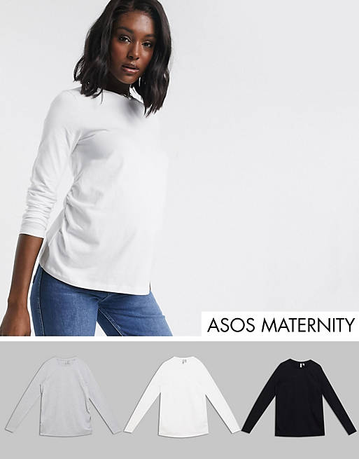 ASOS DESIGN Maternity – Ultimate – Långärmad t-shirt i bomull med rund halsringning i 3-pack SPARA - GREY