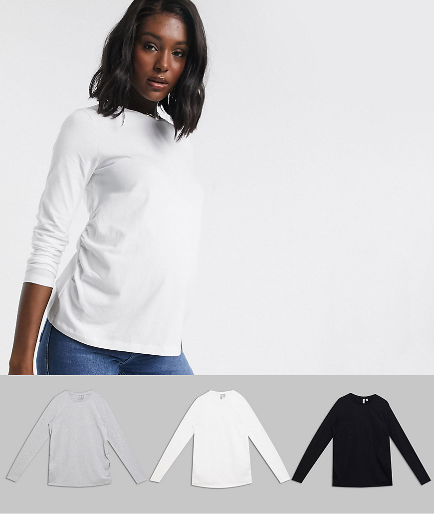ASOS DESIGN Maternity – Ultimate – Långärmad t-shirt i ekologisk bomull med rund halsringning i 3-pack SPARA-Grå