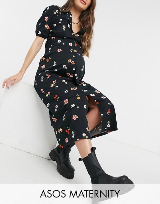 ASOS DESIGN Maternity ultimate midi tea dress in black based ditsy floral print