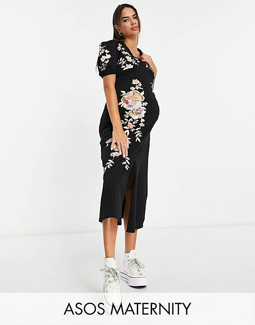 ASOS DESIGN Maternity ultimate midi tea dress with collar and floral  embroidery in black