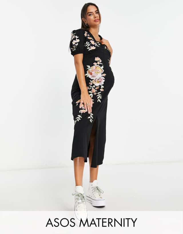 ASOS DESIGN Maternity ultimate midi tea dress with collar and floral embroidery in black