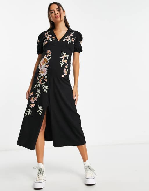 Asos design embroidered midi button cheap through tea dress