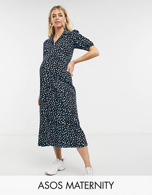 ASOS DESIGN Maternity ultimate midi tea dress with collar in black with ...