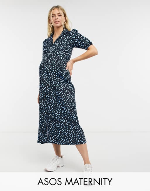 Asos Design Maternity Ultimate Midi Tea Dress With Collar In Black With Blue Spot Asos 