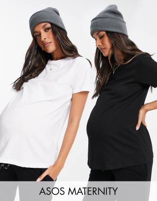 ASOS DESIGN ASOS DESIGN MATERNITY ULTIMATE COTTON T-SHIRT WITH CREW NECK 2 PACK SAVE IN BLACK & WHITE - MULTI,AP26292