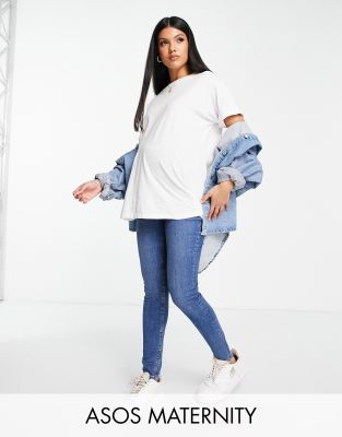 Asos Maternity Asos Design Maternity Ultimate Skinny Jeans In Authentic Mid Blue With Over The Bump Waistband