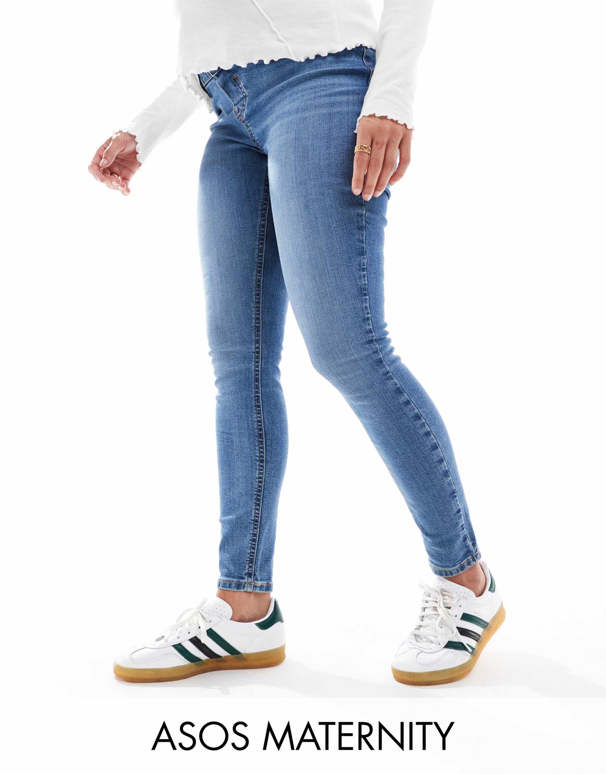 asos design maternity ultimate skinny jeans with over bump in blue