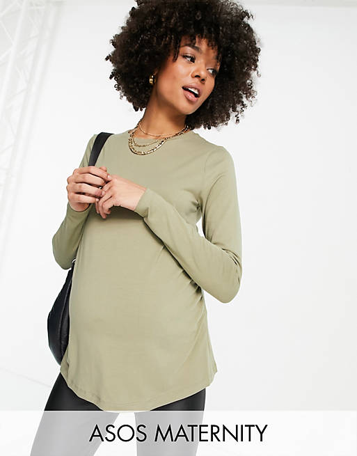 ASOS DESIGN Maternity ultimate slim fit t-shirt with long sleeves in organic cotton in khaki