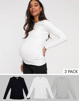 ASOS DESIGN Maternity – Ultimate – T-shirt med rund halsringning och lång ärm 3-pack SPARA-Flerfärgad