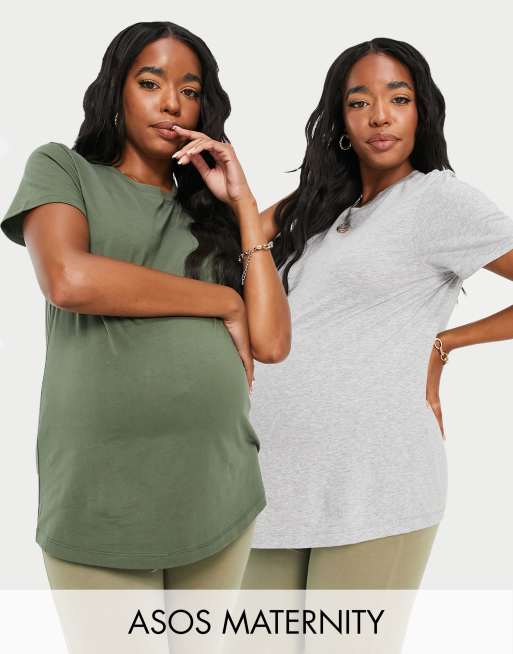 ASOS DESIGN Maternity ultimate t shirt with crew neck 2 pack in cotton blend in khaki gray