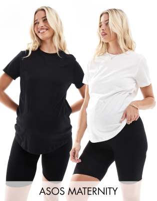 ASOS DESIGN Maternity - Ultimate - T-Shirts aus Baumwollmix mit Rundhalsausschnitt im 2er-Sparpack-Bunt