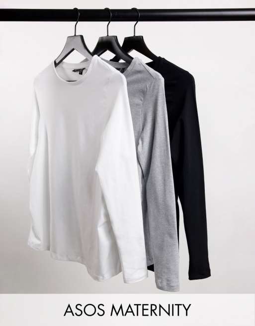 ASOS DESIGN Maternity – Ultimate – Zestaw 3 dopasowanych bawełnianych T-shirtów z długim rękawem – w zestawie taniej – MULTI