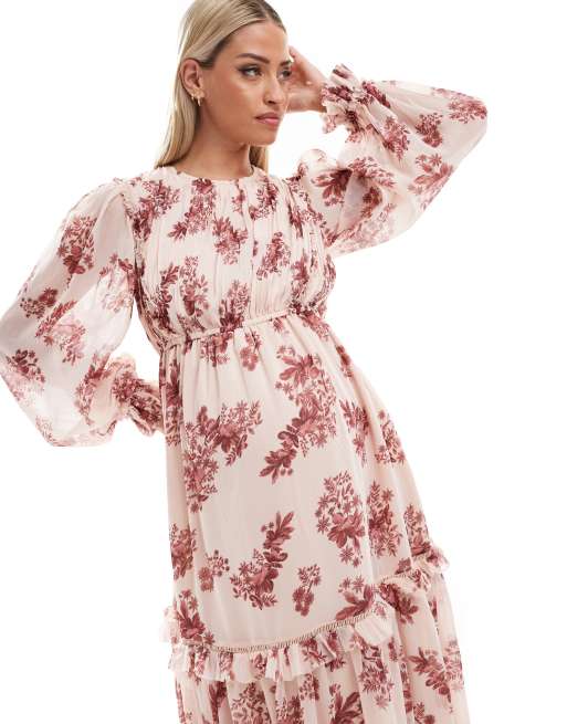 ASOS DESIGN Maternity – Umstands-Maxikleid in Rosa geblümt mit gerüschtem Stufensaum, 2 von 4