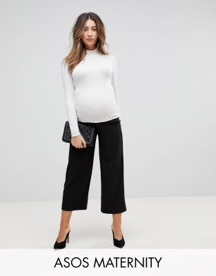 ASOS DESIGN Maternity under the bump cropped black wide leg trousers in jersey crepe