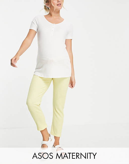 ASOS DESIGN Maternity under the bump textured peg trouser with tie waist in lemon